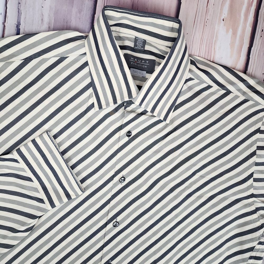 Haupt Mens XL 17.5/44 Two Ply Long Sleeve Striped Dress Shirt‎ Made In Germany